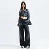 Calça Jeans Wide Leg Gradiente Azul Escuro Estilo Americano para Mulheres, Nova Coleção Primavera e Outono Cintura Alta Solta Relaxada Caimento Reto Comprimento Total
