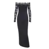 Vestido largo de manga larga con hombros descubiertos, fruncido y patchwork de encaje negro para mujer, otoño e invierno, estilo elegante, corte ajustado, ceñido a la cintura, bodycon