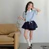 Camiseta Polo de verano para niña de estilo transfronterizo, camiseta de manga corta, nuevo estilo 2026, conjunto de falda-pantalón fina para niños mayores, moderno