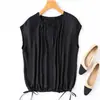 ¡Camisa de Globo Blanco y Negro! Camiseta de Seda Crepé Estampada Cuello Redondo Hombro Ancho Dobladillo Suelto Cordón Top para Mujer