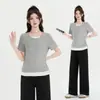 Conjunto de Calça Bermuda de Verão Nova Estilo Primavera/Verão e Blusa Top Manga Curta Maternidade Fino Solto Cordão Calça de Pernas Largas Maternidade