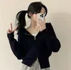 Jaqueta suéter com capuz e zíper duplo chique coreana curta para mulheres 2026 estilo suave malha de cor sólida outer wear
