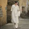 Vestido Curto de Algodão e Linho Novo para o Verão de 2025, Algodão Linho Lavado com Botões de Placa em Cor Contrastante, Novo Vestido Longo Estilo Chinês, Vestido de Chá