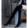 Botas Altas Jinbukang Otoño 2025 Nuevas para Mujer, Botas Ajustadas con Tacón Grueso, Botas Elásticas de Gamuza de Caña Alta, Tacones Altos de Punta