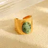 Anillo de Estilo Retro de Corte Francés Turquesa Africana Ovalada Anillo Abierto de Cara Ancha Moda Femenina Elegante Anillo de Acero de Titanio