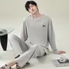 Pijama puro algodão masculino atacado transfronteiriço, estilo fino de verão, novo modelo 2026, conjunto de roupa de casa com mangas compridas e calças compridas, estilo primavera e outono