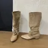 Botas de mujer nuevas, elegantes y versátiles, para Otoño/Invierno 2026, punta cuadrada, patchwork, que aumentan la altura, con cordones, botas de tacón de bloque de altura media
