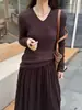 Suéter de punto con cuello en V para mujer, corte ajustado, muestra la figura, manga larga, color liso, suéter básico 2026, nuevo top versátil