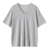 CHAO top de punto fino de lino y algodón con cuello en V primavera verano para ir al trabajo simple hombros caídos talla grande holgado camiseta de manga corta mujer