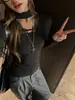 Tencel Lyocell Outono e Inverno Renda Escovada Gola Alta Meia Manga Manga Longa Ombro Direito Camiseta Feminina Camada Interna Pode Ser Usada Por Fora