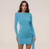 Vestido Curto Bodycon Manga Longa Acinturado Plissado Feminino de Comércio Exterior Europeu e Americano, Vestido Longo Elegante de Luxo Leve Acinturado Sexy para Mulheres