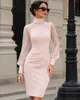 Vestido de malla con retazos de moda transfronteriza para mujer europeo y americano, con cuello alto, mangas abullonadas, corte ajustado, falda ceñida al cuerpo, vestido de noche