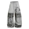 Pantalones de chándal unisex estilo americano con estampado de letras desgastadas y pierna curva, modernos, holgados, de pierna ancha para bailar