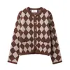 ZA Cárdigan de Punto con Cuadrícula de Diamantes Estilo Retro para Mujer Cuello Redondo Botón de Corazón Manga Larga Corto Primavera Otoño Casual Top Jacquard