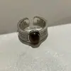 Anel Buchy Style Pesado Artesanal de Prata Vazado Escovado para Mulheres, Ajustável, Empilhável, Anel para Dedo Indicador com Pedra Imitação de Olho de Tigre