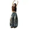 Jeans Rasgados Azules Estilo Retro Americano para Mujer con Diseño de Estampado de Letra Personalizado, Pantalones Casuales de Pierna Ancha Largos hasta el Suelo