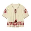 Camisa Bordada con Borlas de Manga Corta, Estilo Étnico Retro Holgada de Cuello V con Mangas Abullonadas Estilo Vacaciones Top al por Mayor