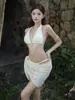 Biquíni Três Peças Renda Super Fada Desejo Puro com Gola Halter Estilo Resort à Beira-Mar Roupa de Banho Saia Dividida Biquíni Fonte Termal