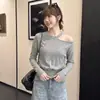Tiro real: Camiseta lisa de manga comprida com gola U estilo coreano para mulheres, blusa base curta de outono, top moderno 19712
