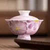 Tigela Coberta de Margaridas Roxas Pintadas à Mão do Fabricante Tigela de Chá de Cerâmica Exquisite com Tampa Conjunto de Chá Kung Fu de Alta Qualidade Caneca de Chá