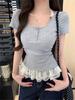 Camiseta de Manga Corta con Cuello Cuadrado de Moda y Encaje Patchwork para Mujer, Verano Sexy Deseo Puro Cuello Medio Abierto Top con Botones