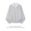 Sudadera con cuello de camisa a rayas de dos piezas falsas para hombre, jersey de otoño, negra, corta, holgada, estilo universitario, top elegante de manga larga