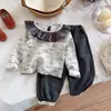 2025 Nuevo Conjunto de Ropa Coreana para Niñas de Primavera y Otoño, Camiseta Básica Suave con Estampado Floral, Conjunto de Pantalones Anchos tipo Linterna de Manga Larga Estilo Ins