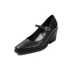 Sapatos de Salto Alto Simples de Moda de Nicho com Salto Bloco Quadrado de Uma Tira, Couro, Lançamento Outono 2026, 6,5 cm