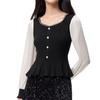 Camisa Retro Francesa de Color Contrastante con Cuello Redondo y Manga Acampanada para Mujer Primavera y Otoño 2026 Nuevo Estilo Dulce y Delgada Top con Aspecto Adelgazante