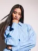 Camisa para mujer de rayas verticales azul claro, superventas transfronteriza europea y americana, con cuello camisero, hombros caídos, corte holgado, adecuada para ir al trabajo, para llevar en capas y para uso casual, camisa de manga larga