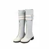 Botas de Couro Femininas de Cano Alto Color Block Estilo Europeu e Americano com Fivela de Cinto, Tamanhos Grandes 40-47