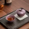 Venta al por mayor del fabricante cuenco con tapa Junyao Sancai, juego de té kung fu estilo chino morado, cuenco con tapa de cerámica para uso doméstico, cuenco para ofrenda de té