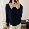 Cardigan suéter de malha com gola polo de renda e mangas compridas para mulheres, primavera e outono, caimento solto, emagrecedor, peça de outer wear elegante e de alta qualidade
