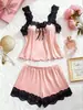Pijama Feminino Sexy Novo Estilo Transfronteiriço, Acabamento em Renda de Cor Sólida, Cores Contrastantes, Roupa de Casa Doce, Conjunto de Camisola e Shorts, Mais Vendido no Comércio Exterior