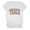 Amazon Ebay Site Independente Moda Personalidade Versátil Camiseta Feminina com Estampa de Letras Estampa de Leopardo Gola Redonda Manga Curta Camiseta para Exportação