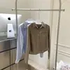 Camisa Rayada Azul/Marrón, Top Corto Ajustado, Color Café, Directo de la Fábrica de Origen, Mezcla de Algodón sin Elasticidad