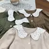 Vestido de niña estilo coreano para primavera y otoño, de manga larga, con encaje floral, cuello camisero, sencillo, estilo princesa, vestido de primavera para niños