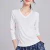 Camiseta de Manga Larga con Cuello en V LyocellTencel 2026 Primavera Nueva Azul Oscuro Adelgazante Ligera para Mujer