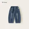Ropa para niños Bangxuan, jeans para niños, color liso, estilo simple, pantalones de pierna curva para niños, pantalones largos para niños pequeños, corte holgado, versátiles, pantalones para niñas