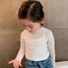 Top de encaje de verano para niña, manga larga, de malla, camiseta coreana, camiseta transparente con diamantes calientes para niños