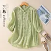 Camisa top casual de algodón y lino de color liso con bordado pesado, estilo simple, manga corta, ligera para verano, cuello polo, corte holgado, ropa para mujer