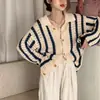 Cardigan de malha oca novo estilo coreano para primavera e outono, feminino, cor contrastante suave, estilo solto preguiçoso, casaco suéter emagrecedor