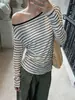 Camiseta de Rayas Finas Off-the-Shoulder Estilo Coreano Estilo de Oficina Manga Larga para Mujer Diseño Holgado Sentido del Diseño Cubierta Protectora Solar para Habitación con Aire Acondicionado 2462