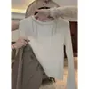 Suéter de estilo casual, encaje calado, cuello redondo, color blanco roto, top de punto para mujer, versátil y favorecedor, nueva colección de otoño