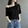 Camiseta feminina da moda plus size com babados e manga curta, novo estilo verão 2026, corte solto, modelagem que emagrece, elegante, decote assimétrico, top ombro a ombro