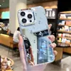 Funda de teléfono estilo celebridad, funda azul simple con flores y espejo para iPhone 15 Pro, cubierta de teléfono con espejo de maquillaje para Apple 17p
