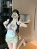 Conjunto adelgazante de falda tipo pastel de encaje multicapa pesada con estampado de oso lindo de chica suave, manga corta