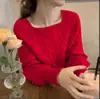 Suéter de cuello cuadrado para mujer, tejido trenzado grueso vintage, nuevo estilo coreano de otoño e invierno, corte holgado, entallado en la cintura, top de punto adelgazante