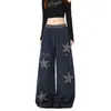 Calça de moletom esportiva retro americana com estampa de leopardo e bordado de estrela para homens e mulheres, calça longa casual larga reta solta para primavera e outono
