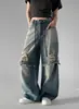 Em estoque calça jeans larga desfiada estilo coreano chique com orelhas de gato solta casual calça comprida para mulheres 18577